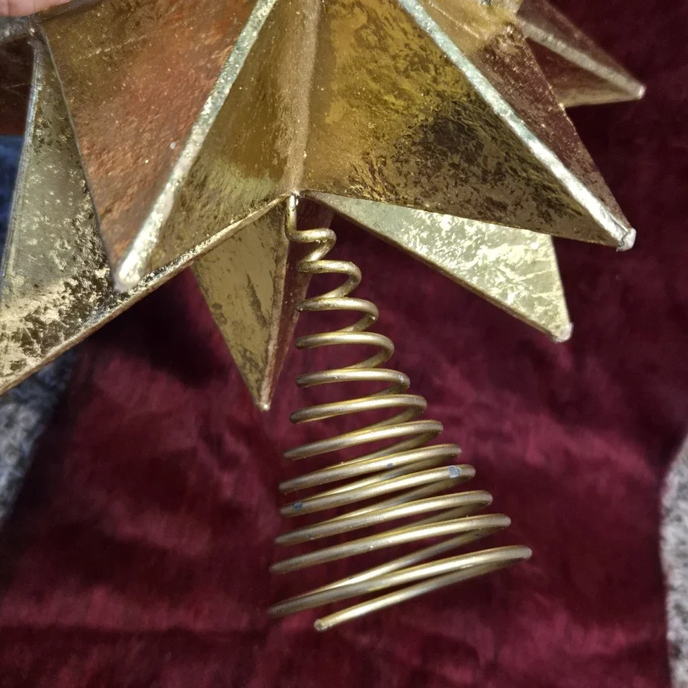 Vintage Gold Moravian Star Christmas Tree Topper Metal Spring 3D 9